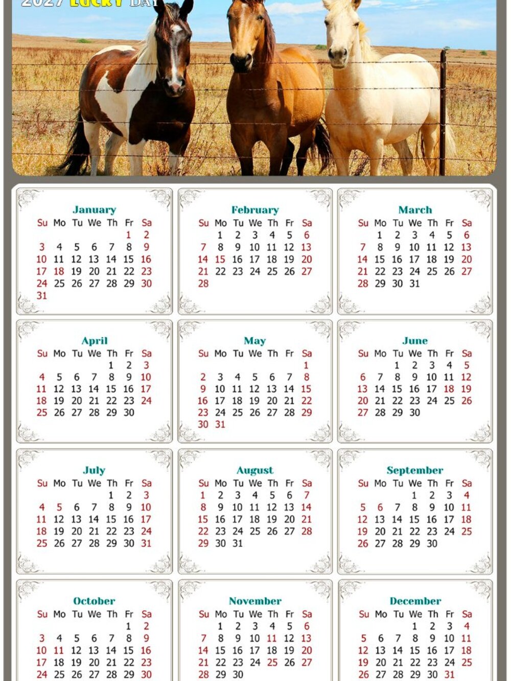 2027 Magnetic Calendar - Today is my Lucky Day - Horses Themed 07 (5.25 x 8)